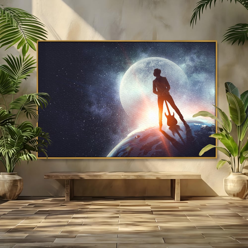 Tablou canvas cu ilustratie digitala cu un cantaret pe glob, in rama de aluminiu auriu